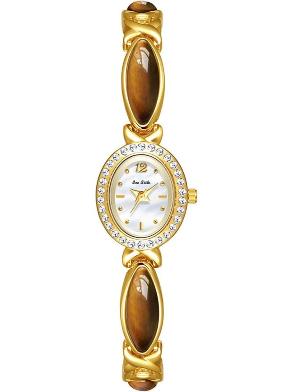 Women's Brown White Gold-Tone Bracelet Small Oval Face Vintage Dress Wrist Watch